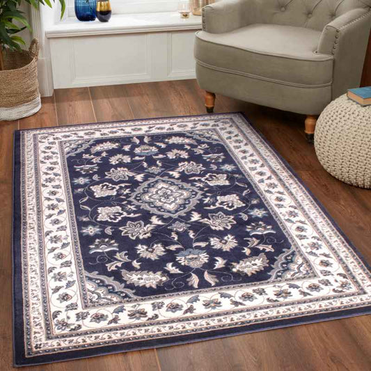 Sherborne Traditional Bordered Rugs in Navy Blue
