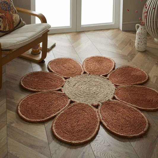 Spinningfields Circle Flower Jute Modern Rugs in Orange