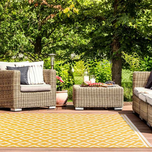 Terrace Diamond Modern Geometric Indoor Outdoor Rugs in Gold Yellow