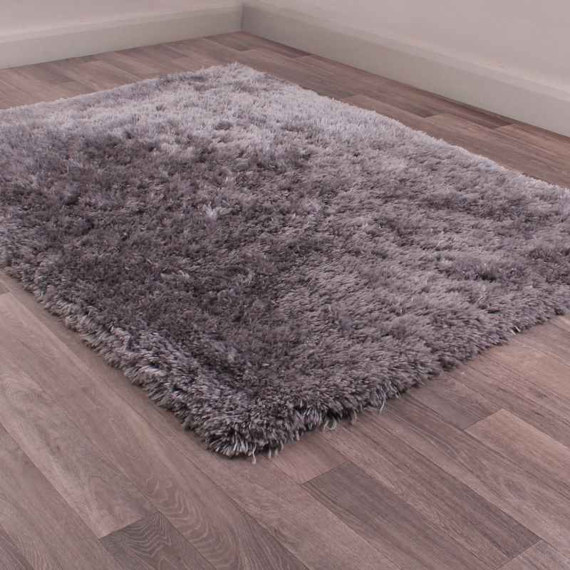 Flossy Plain Shaggy Rugs in Silver Grey