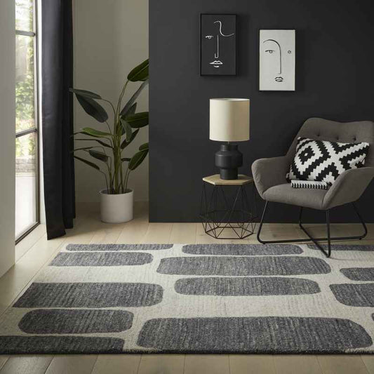 Vista Retro Geometric Wool Rugs in Cream Charcoal Grey