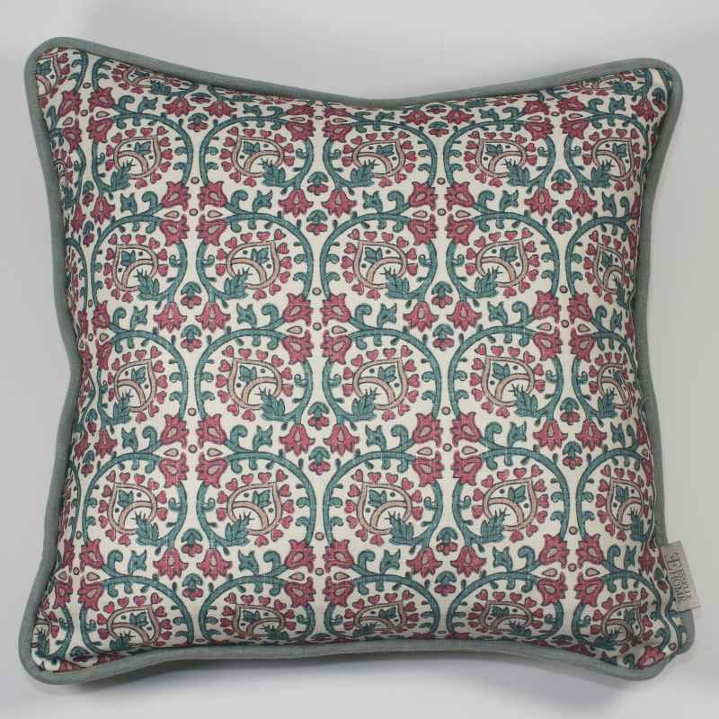Veda Linen Floral Vine Cushion in Teal Raspberry