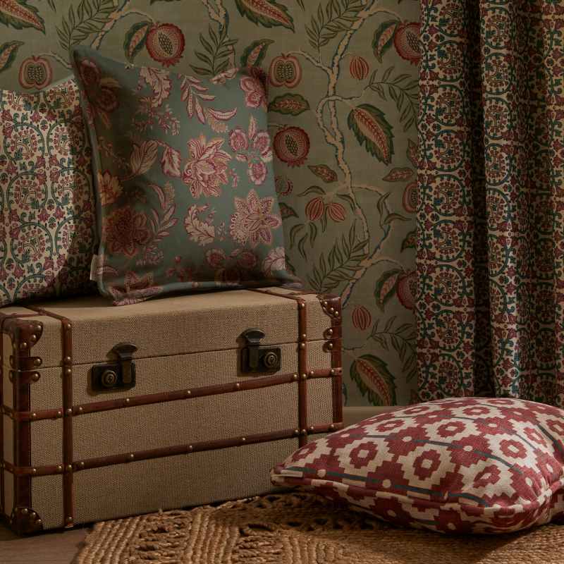 Veda Linen Floral Vine Cushion in Teal Raspberry
