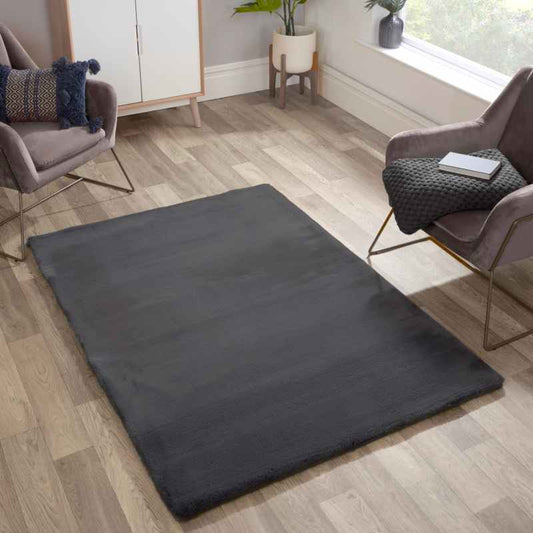 Luxe Faux Fur Modern Plain Rug in Charcoal Grey