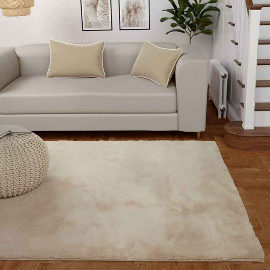 Luxe Faux Fur Modern Plain Rug in Natural Beige