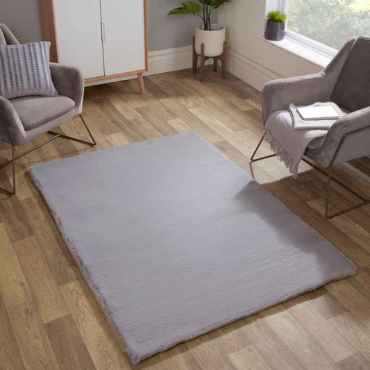 Luxe Faux Fur Modern Plain Rug in Silver Grey