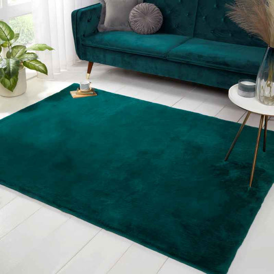 Luxe Faux Fur Modern Plain Rug in Teal Blue