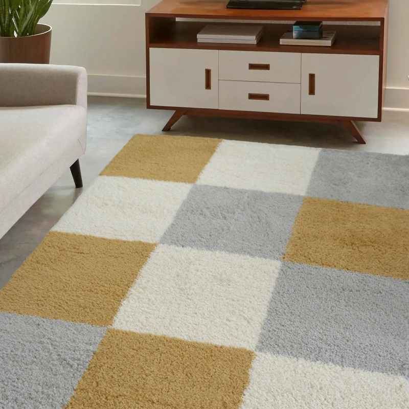 Snug Blocks Shaggy Geometric Rugs in Ochre Yellow