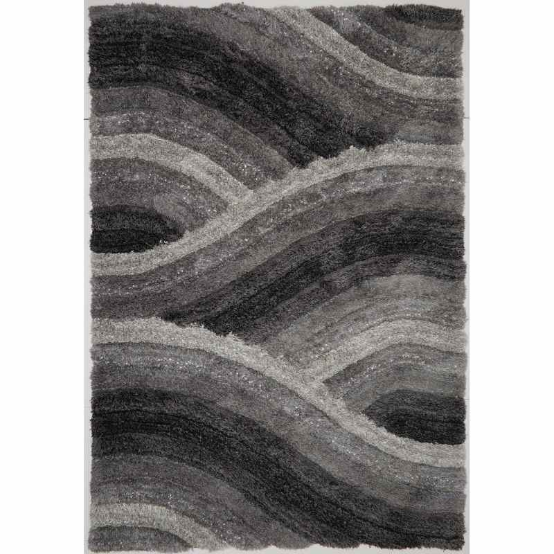 Wave 3D Shaggy Abstract Modern Rugs in Charcoal Grey