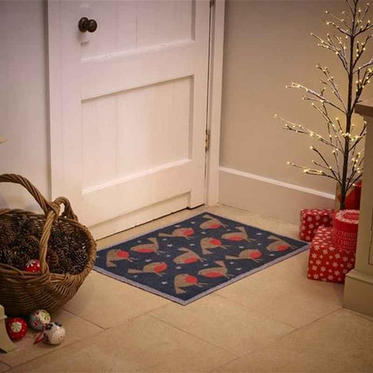Christmas Winter Robin Washable Doormat in Red & Navy Blue